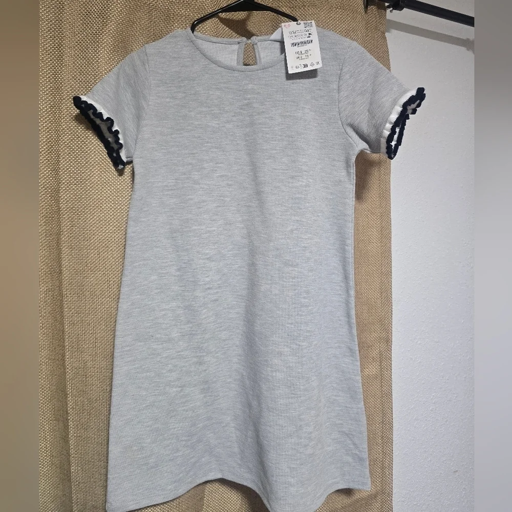 Zara Kids Casual Dress in Light Gray with Navy Trim